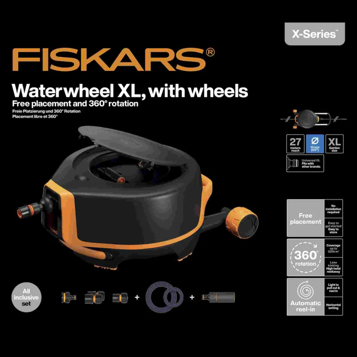 Automatyczny bęben z wężem FISKARS XL 1067548 z kółkami 20 m + 7 m, obrót 360°