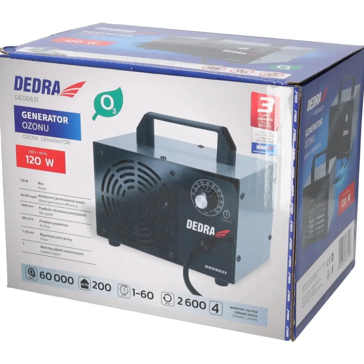 DEDRA DED6631 Generator ozonu 60g/h profesjonalny ozonator do auta i pomieszczeń