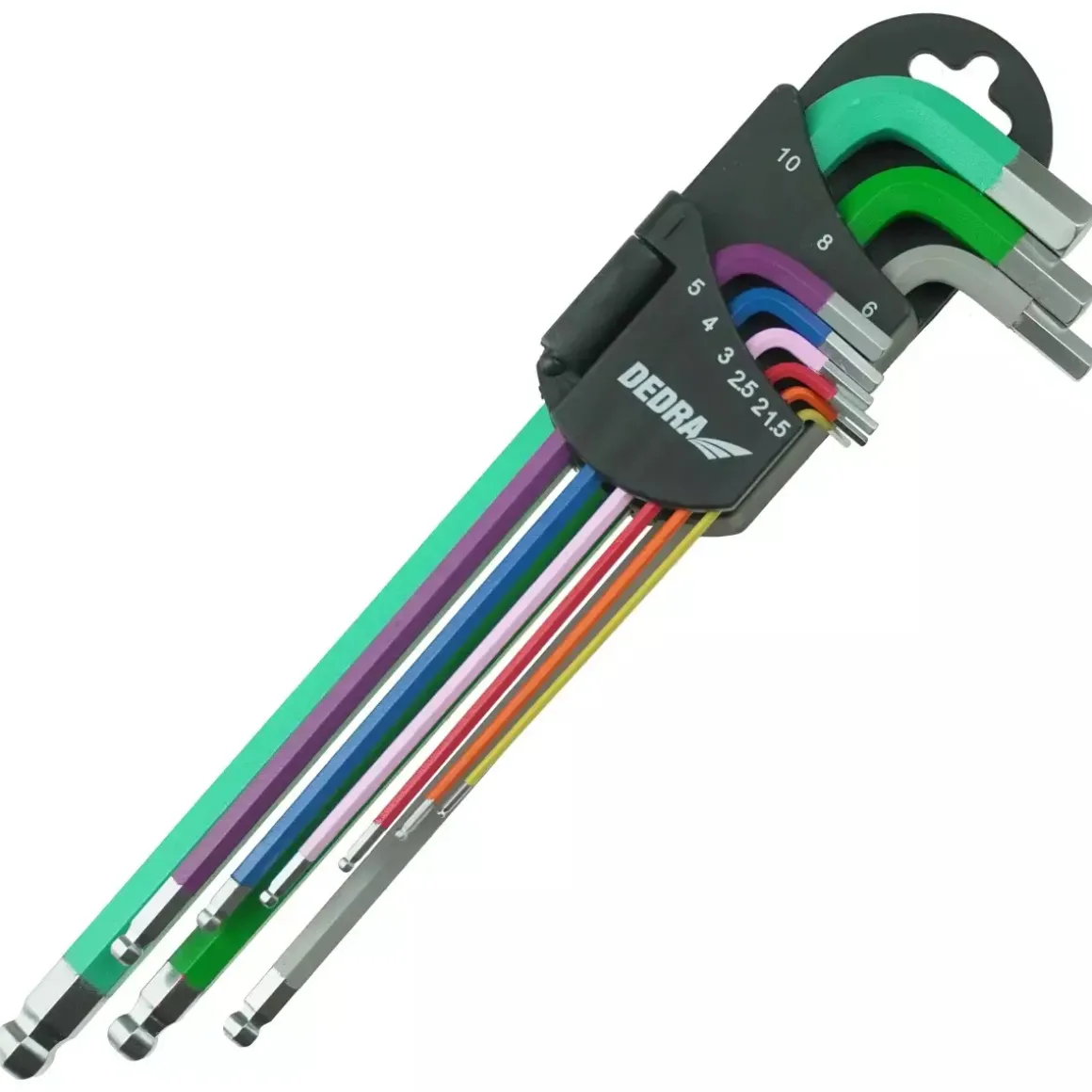 DEDRA 06F215 Klucze imbusowe sześciokątne HEX z kulką S2, extra długie kolorowe 1,5-10 mm, 9 szt.