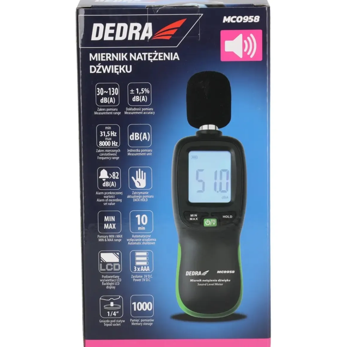 DEDRA MC0958 Miernik natężenia dźwięku decybelomierz sonometr 30-130 dB(A)