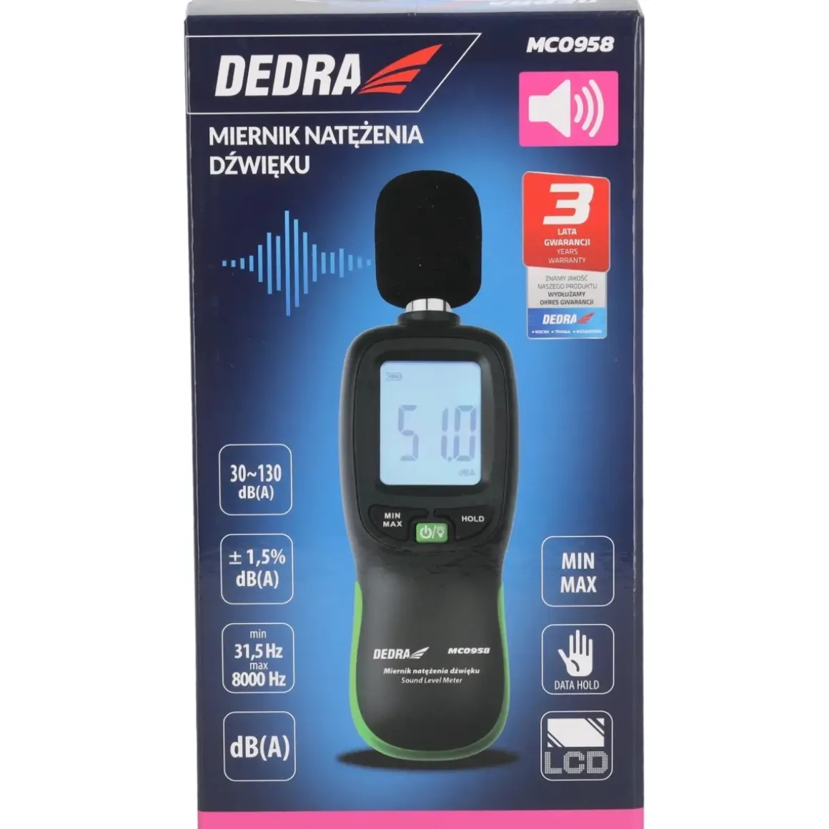 DEDRA MC0958 Miernik natężenia dźwięku decybelomierz sonometr 30-130 dB(A)
