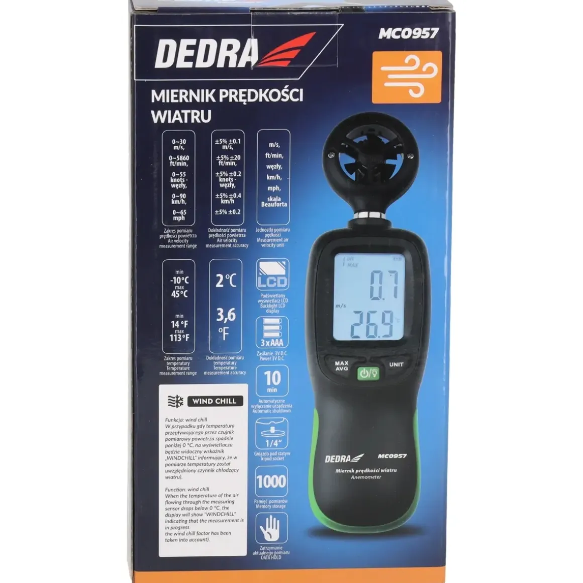 DEDRA MC0957 Miernik prędkości wiatru anemometr wiatromierz ręczny termometr LCD