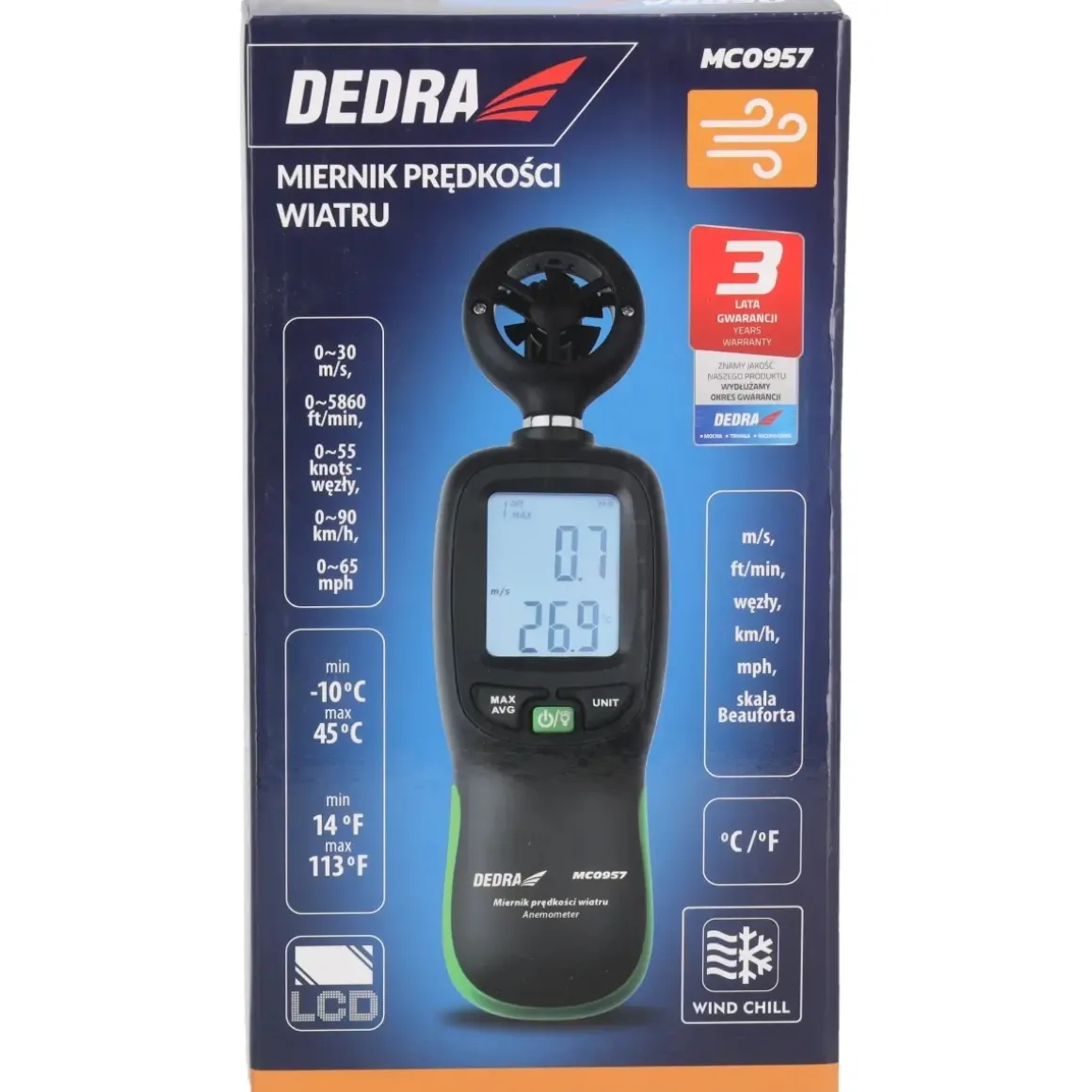 DEDRA MC0957 Miernik prędkości wiatru anemometr wiatromierz ręczny termometr LCD
