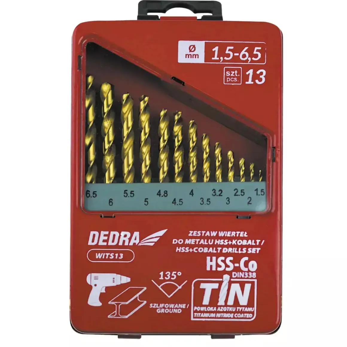 DEDRA WITS13 Zestaw wierteł do metalu kobaltowych HSS-Co TiN 135° komplet 13 szt.