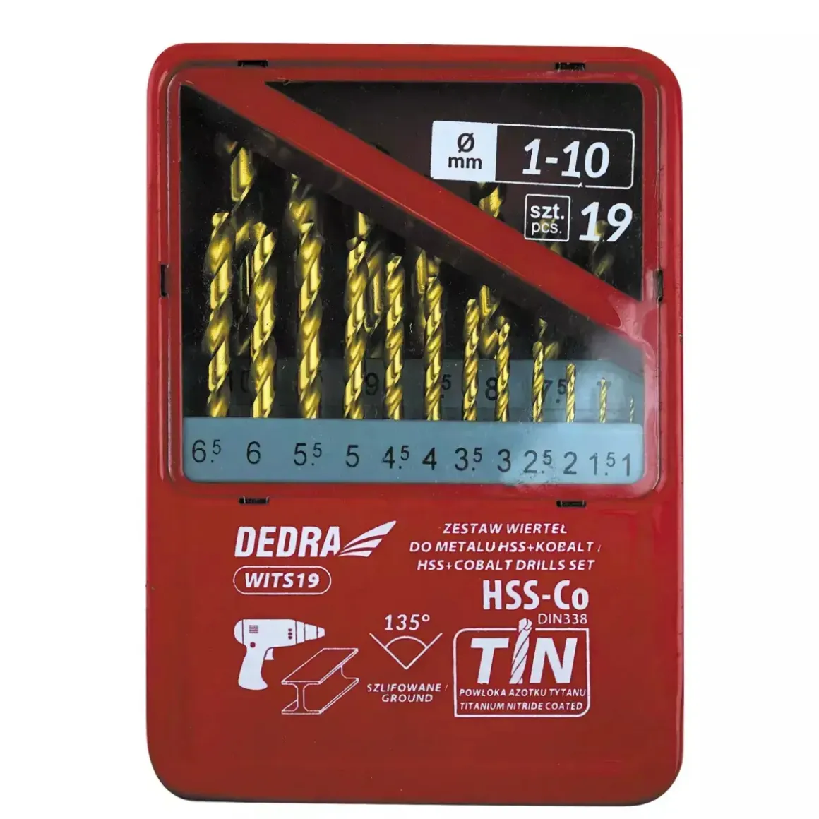 Dedra WITS19 Zestaw wierteł do metalu kobaltowych HSS-Co TiN 135° 1-10 mm 19 szt.
