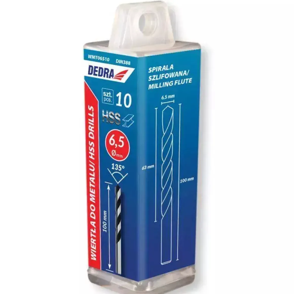 DEDRA WMT08011 Wiertła do metalu HSS 4341 8x117 mm 135° uchwyt walcowy 10 szt tuba