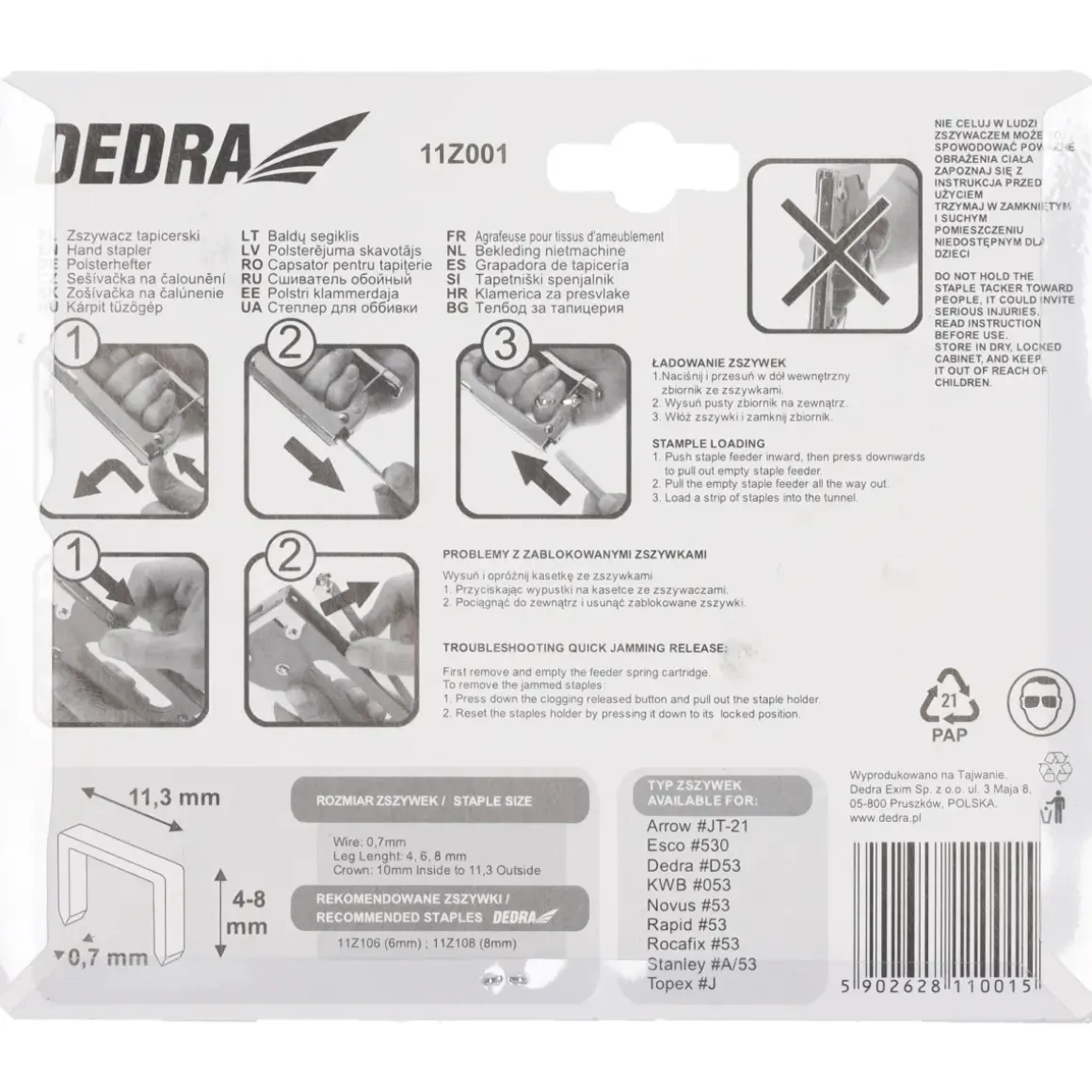 DEDRA 11Z001 Zszywacz tapicerski ręczny 4-8 mm D53, zszywarka taker do obić