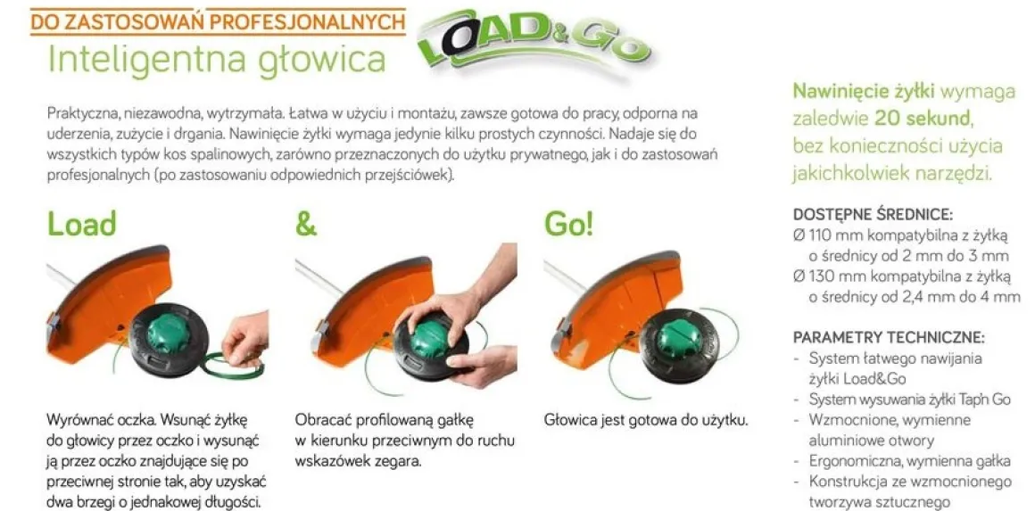 GŁOWICA DO KOS ŻYŁKOWA OLEO-MAC LOAD&GO 130mm x 3mm EXTRALIFE M10x1.25 LHF z metalowym pokrętłem EFCO 63129015 - OFICJALNY DYSTRYBUTOR - AUTORYZOWANY DEALER OLEO MAC