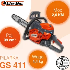 OLEO-MAC GS 411 3/8 PIŁA PILARKA PRZECINARKA SPALINOWA ŁANCUCHOWA DO DREWNA 2.9 KM KLASA PREMIUM 50179231E2 EWIMAX-OFICJALNY DYSTRYBUTOR - AUTORYZOWANY DEALER OLEO-MAC