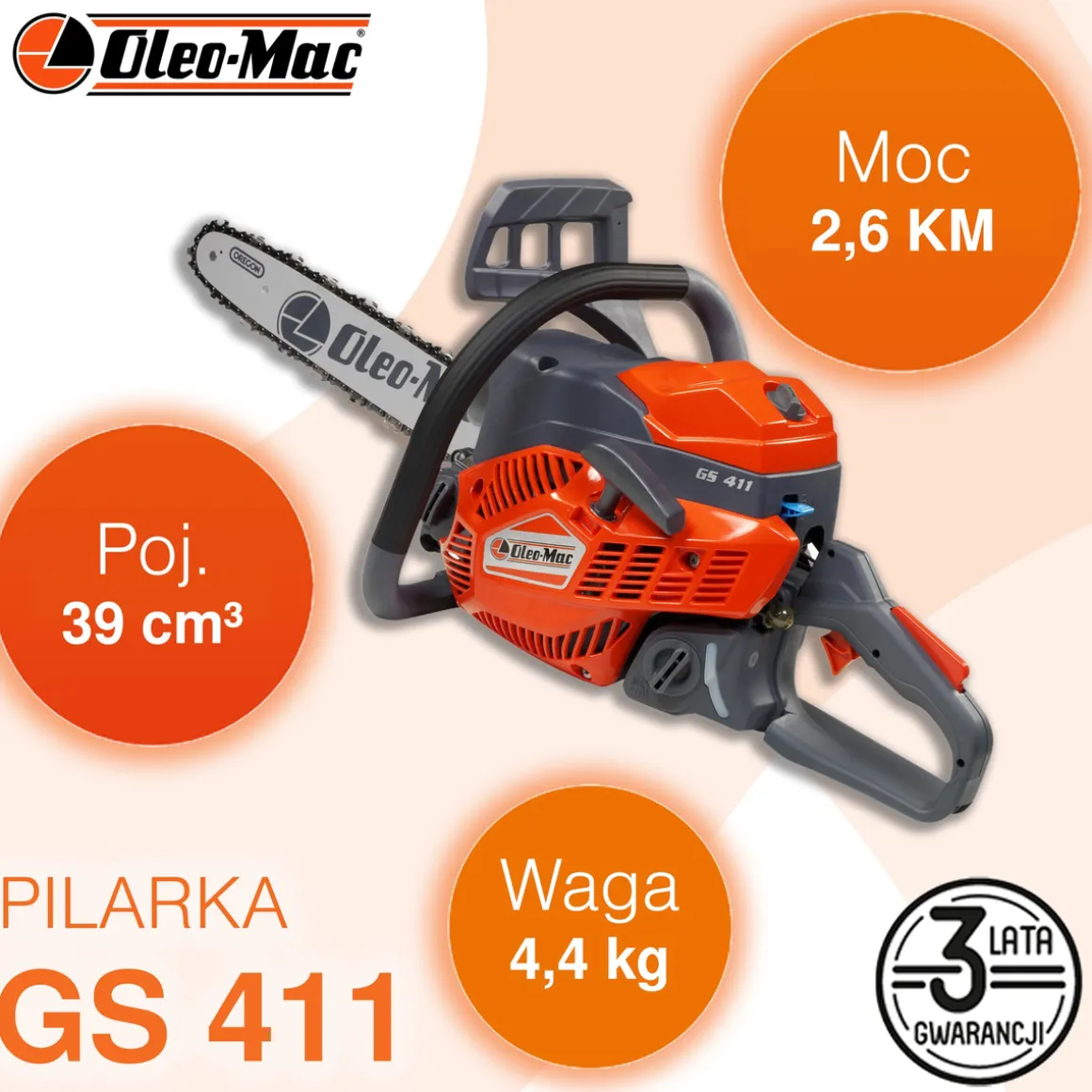 OLEO-MAC GS 411 3/8 PIŁA PILARKA PRZECINARKA SPALINOWA ŁANCUCHOWA DO DREWNA 2.9 KM KLASA PREMIUM 50179231E2 EWIMAX-OFICJALNY DYSTRYBUTOR - AUTORYZOWANY DEALER OLEO-MAC